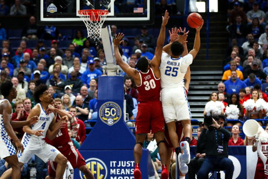 Kentucky freshman forward PJ Washington makes a basket during the game against Alabama in the SEC tournament semifinals on Saturday, March 10, 2018, in St. Louis, Missouri. Photo by Arden Barnes | Staff