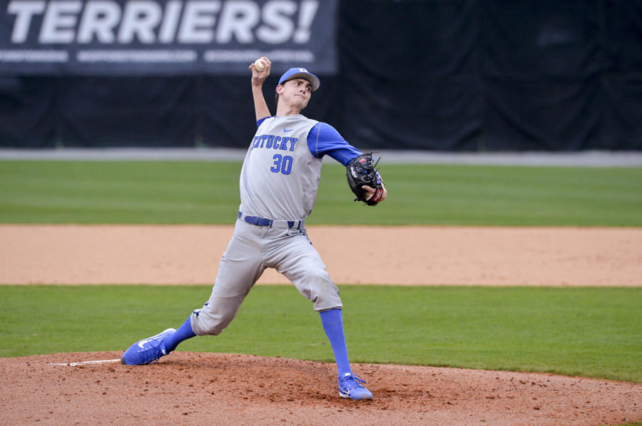 Sean+Hjelle+delivers+a+pitch+in+Kentucky+baseballs+season+opener+at+Wofford+in+Spartanburg%2C+S.C.+on+Feb.+16%2C+2018.+Hjelle+pitched+for+six+innings+and+gave+up+two+hits.+Photo+by+Wofford+Athletics.