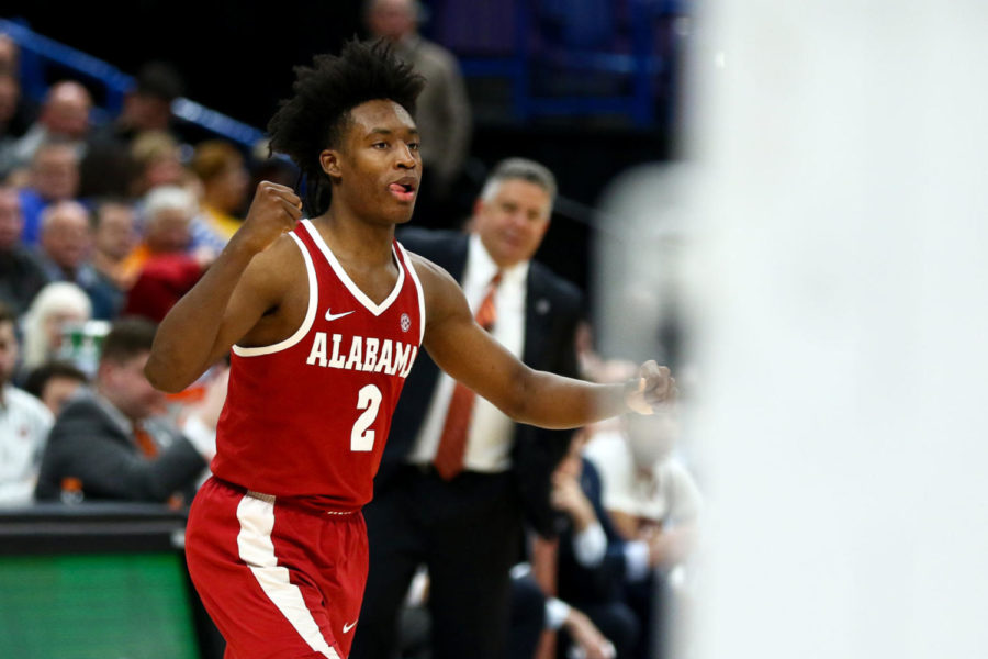 Alabama freshman guard Collin Sexton celebrates during the game against Auburn in the SEC tournament quarterfinals on Friday, March 9, 2018, in St. Louis, Missouri. Alabama won 81-63. Photo by Arden Barnes | Staff