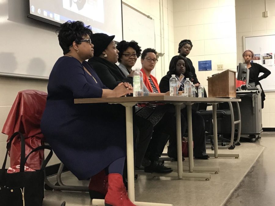 Panel members discuss the challenges of being an African American women in male dominated fields in Whitehall on Wednesday, March 21, 2018. Photo by JoTessa Townes
