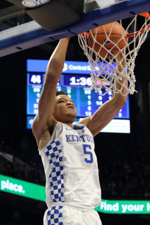Freshman forward Kevin Knox dunks the ball during the game against Ole Miss on Wednesday, February 28, 2018 in Lexington, Ky. Kentucky won the game 96-78. Photo by Hunter Mitchell.