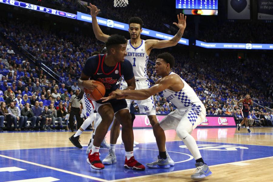 Sacha+Killeya-Jones+%231+of+the+Kentucky+Wildcats+and+Quade+Green+%230+of+the+Kentucky+Wildcats+defend+an+Ole+Miss+player+during+the+game+Wednesday%2C+February+28%2C+2018+in+Lexington%2C+Ky.+Kentucky+defeated+Ole+Miss+96-78.+Photo+by+Carter+Gossett+%7C+Staff