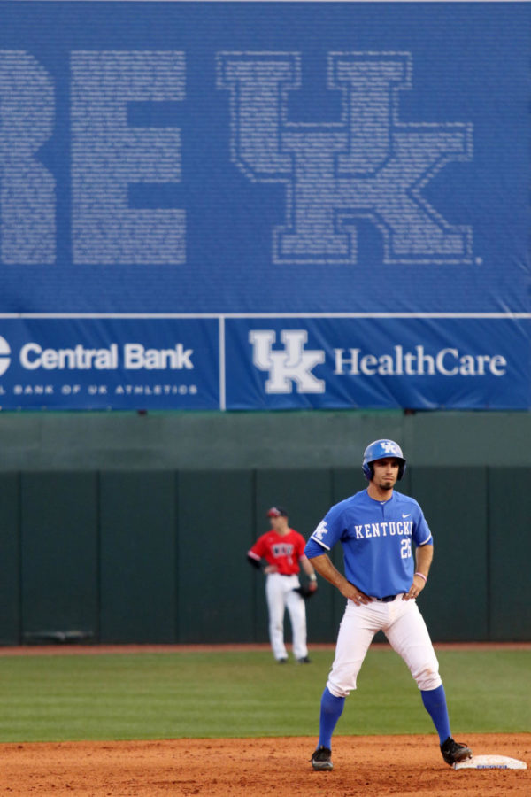 Infielder Luke Heyer stands on second base during the game against WKU on Tuesday, February 27, 2018 in Lexington, Ky. Kentucky won the game 4-3. Photo by Hunter Mitchell.