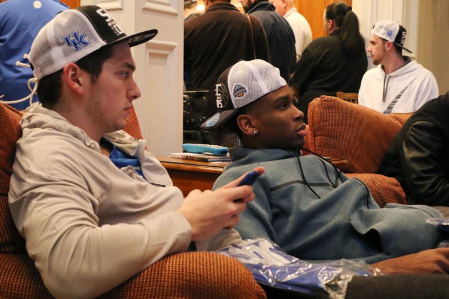 From left to right, guards Johnny David and Shai Gilgeous-Alexander watch tv during the Selection Show on Sunday, March 11, 2018 in Lexington, Ky. Kentucky will play Davidson in the First Round of the NCAA Tournament on Thursday in Boise, Idaho. Photo by Hunter Mitchell.