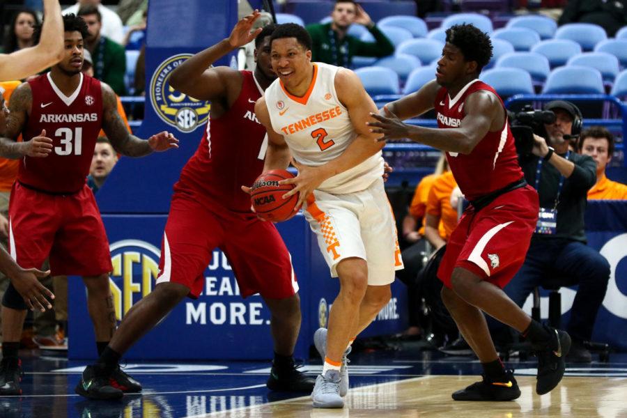 Tennessee played Arkansas in the SEC tournament semifinals on Saturday, March 10, 2018, in St. Louis, Missouri. Photo by Arden Barnes | Staff