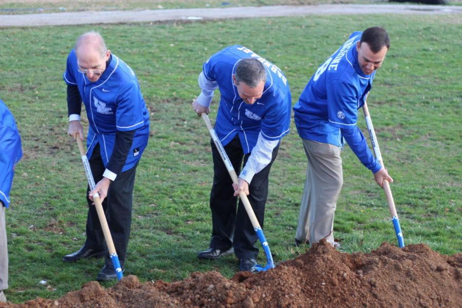 President Eli Capilouto, Athletic Director Mitch Barnhart and Head Coach Nick Mingione break ground at the new baseball facility that will take the place of Cliff Hagan Stadium on March 2, 2017, in Lexington, Kentucky. 