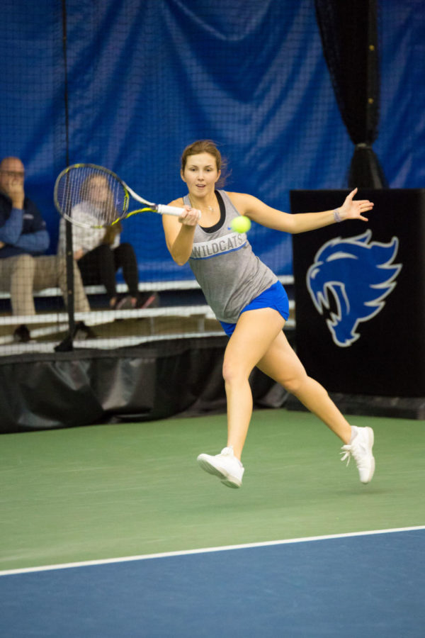University of Kentucky Womens Tennis player Justina Mikulskyte competes against the Northern Kentucky University Norse on Wednesday, January 24, 2018 in Lexington, Ky. Photo by Jordan Prather | Staff