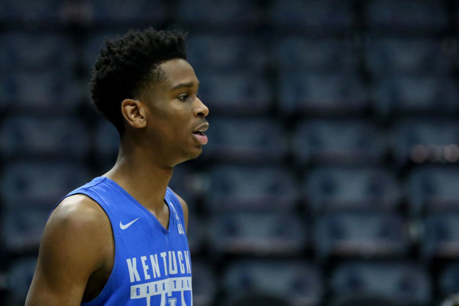 Kentucky freshman guard Shai Gilgeous-Alexander waits for the ball during Kentuckys open practice on Wednesday, March 21, 2018, in Atlanta, Georgia. Kentucky will play Kansas State in the Sweet 16 game in the NCAA tournament on Thursday, March 22, 2018. Photo by Arden Barnes | Staff