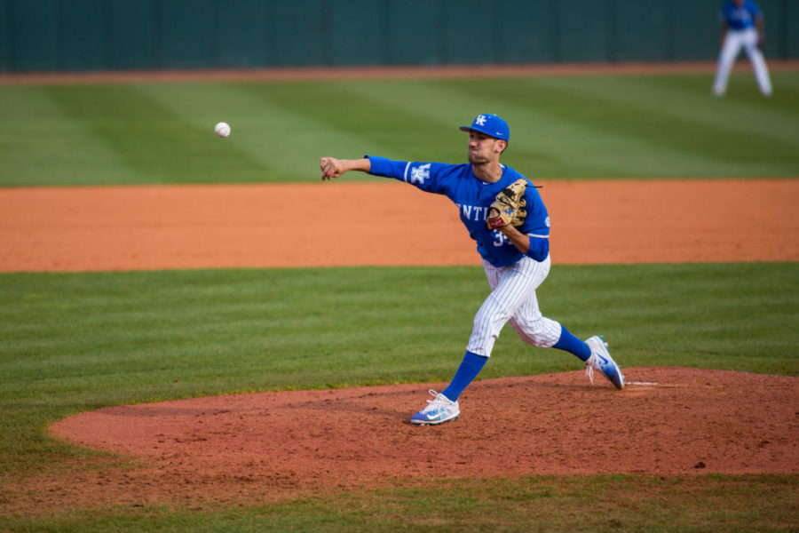University of Kentucky freshman Carson Coleman pitches during the game against Louisville on Tuesday, April 3, 2018 in Lexington, Ky. Photo by Jordan Prather | Staff