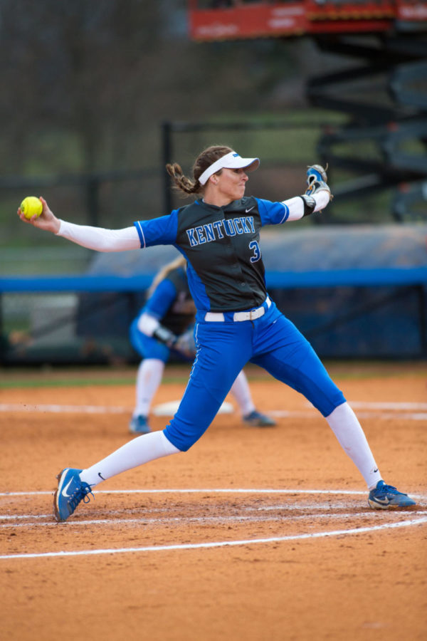 University of Kentucky freshman Grace Baalman pitches during the home opener against the University of Dayton on Thursday, March 1, 2018 in Lexington, Ky. Photo by Jordan Prather | Staff