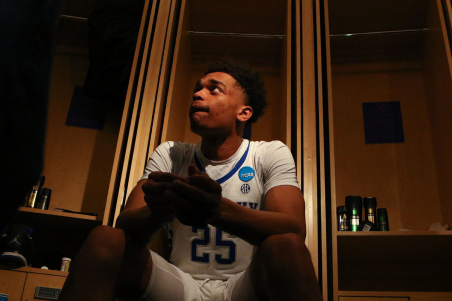 Kentucky freshman forward PJ Washington talks to media in the locker room during the game against Davidson College in the first round of the NCAA tournament on Thursday, March 15, 2018, in Boise, Idaho. Kentucky defeated Davidson 78-73. Photo by Arden Barnes | Staff