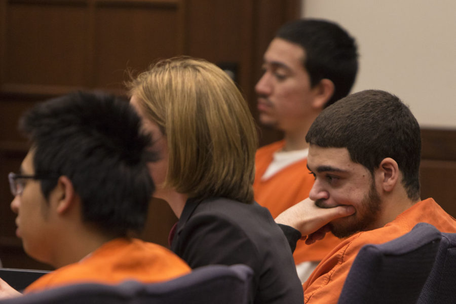 Justin Smith looks on along with Efrian Diaz Jr. and Roman Gonzalez Jr. during a bond hearing for the 3 suspects involved in the murder of former Kernel photo editor Jonathan Krueger at the Fayette County Circuit Court in Lexington, Ky. on Friday, February 5, 2016. Photo by Michael Reaves | Staff.