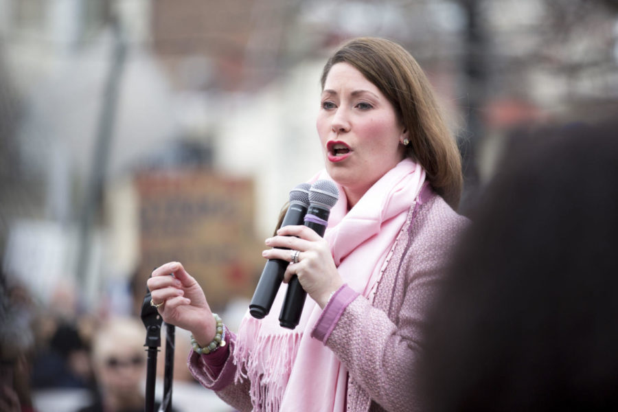 Kentucky Secretary of State Alison Lundergan Grimes calls for democratic votes in upcoming elections during the NOW Womens March Anniversary Rally in front of the Circuit Courthouse in downtown Lexington, Kentucky on Saturday, January 20, 2018. The rally was held a year after the first Womens March protesting Donald Trumps presidency. Photo by Arden Barnes | Staff