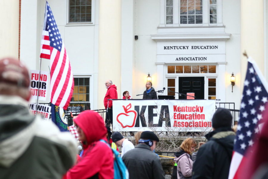 Teachers and other supporters met at the Kentucky Education Association building on Monday, April 2, 2018 in Frankfort, Kentucky to protest the surprise pension bill.