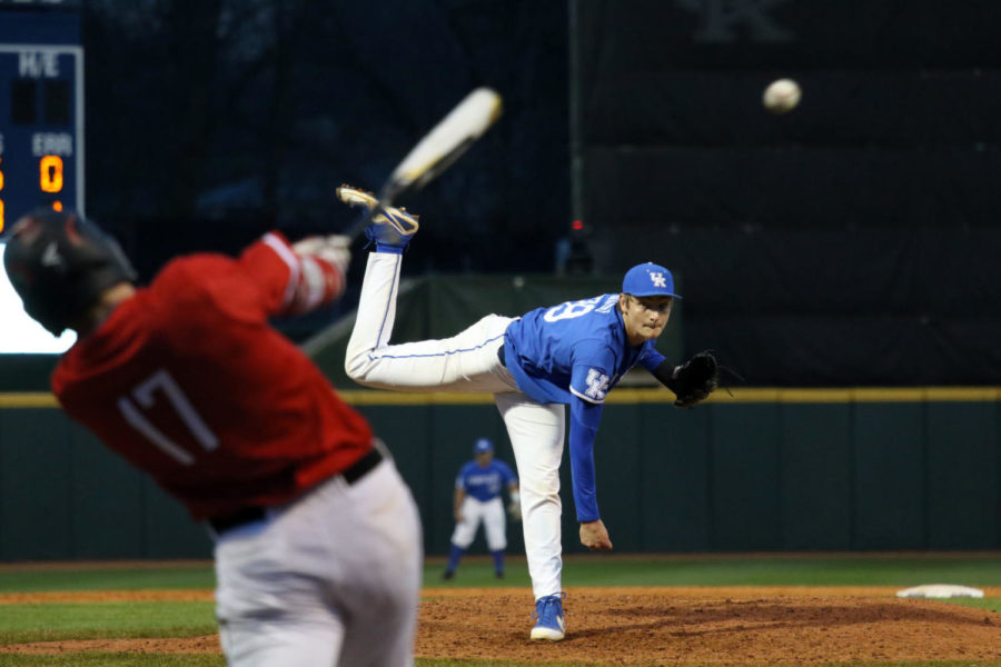 Pitcher Zach Haake pitches the ball during the game against WKU on Tuesday, February 27, 2018 in Lexington, Ky. Kentucky won the game 4-3. Photo by Hunter Mitchell.