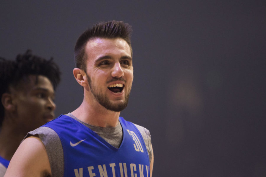 Kentucky junior guard Dillon Pulliam laughs with teammates during Big Blue Madness on Friday, October 13, 2017 in Lexington, Kentucky. Photo by Arden Barnes | Staff