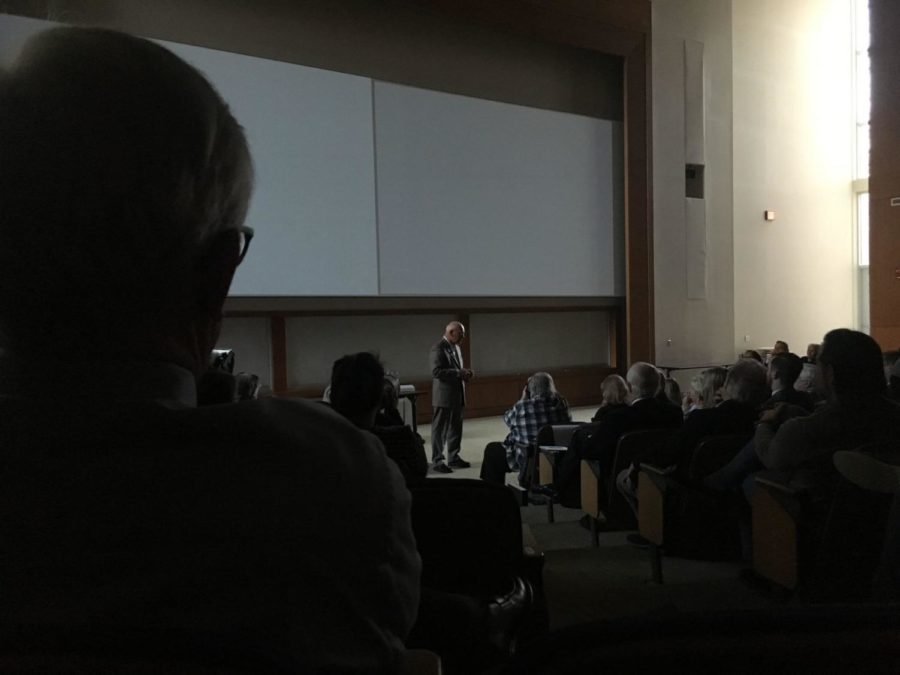 Sam Abell, an accomplished photographer and UK journalism alum, gives the 41st Annual Joe Creason Lecture in the Kincaid Auditorium on April 19, 2018, in Lexington, Kentucky. Photo by Arden Barnes | Staff