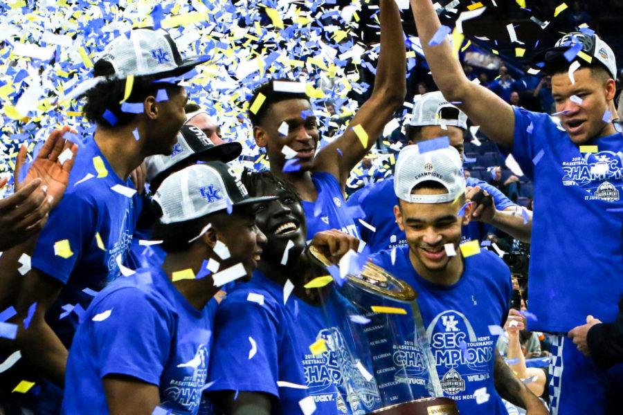 The+Kentucky+mens+basketball+team+celebrates+after+the+game+against+Tennessee+in+the+SEC+tournament+championship+on+Sunday%2C+March+11%2C+2018%2C+in+St.+Louis%2C+Missouri.+Kentucky+defeated+Tennessee+77-72.+Photo+by+Arden+Barnes+%7C+Staff