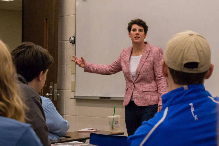 Amy McGrath speaking to students on Tuesday, April 3, 2018 in Lexington, Kentucky. Amy McGrath is the second Congressional Candidate UKY Democrats have hosted this semester. Photo By Genna Melendez | Staff