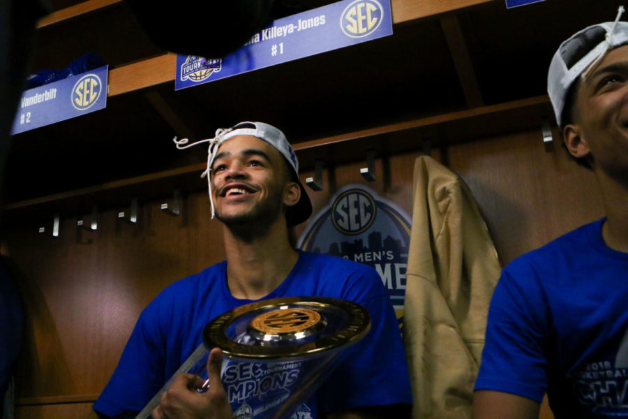 Kentucky sophomore forward Sacha Killeya-Jones smiles during media interviews in the locker room after the game against Tennessee in the SEC tournament championship on Sunday, March 11, 2018, in St. Louis, Missouri. Kentucky defeated Tennessee 77-72. Photo by Arden Barnes | Staff
