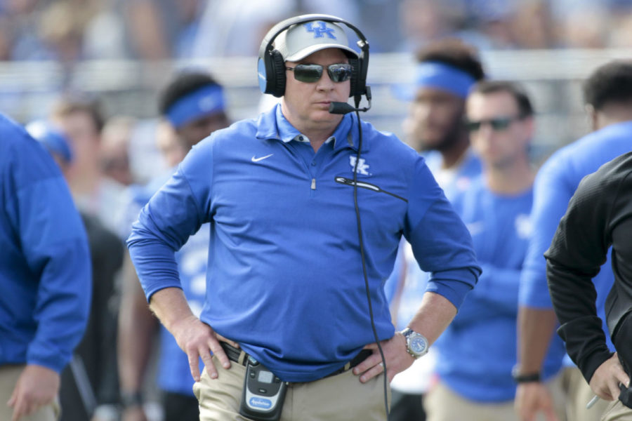 Head coach Mark Stoops of the Kentucky Wildcats looks on during the second half of the TaxSlayer Bowl against the Georgia Tech Yellow Jackets at EverBank Field on Saturday, December 31, 2016 in Jacksonville, Florida. Photo by Michael Reaves | Staff.