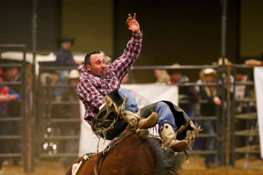 A participant participates in the bareback riding event during the 5th annual Cowboy Up for a Cure Rodeo at Alltech Arena on Saturday, April 7, 2018 in Lexington, Ky. Cowboy Up for a Cure was created in 2013 to raise money and awareness for various types of pediatric cancer. Photo by Arden Barnes | Staff