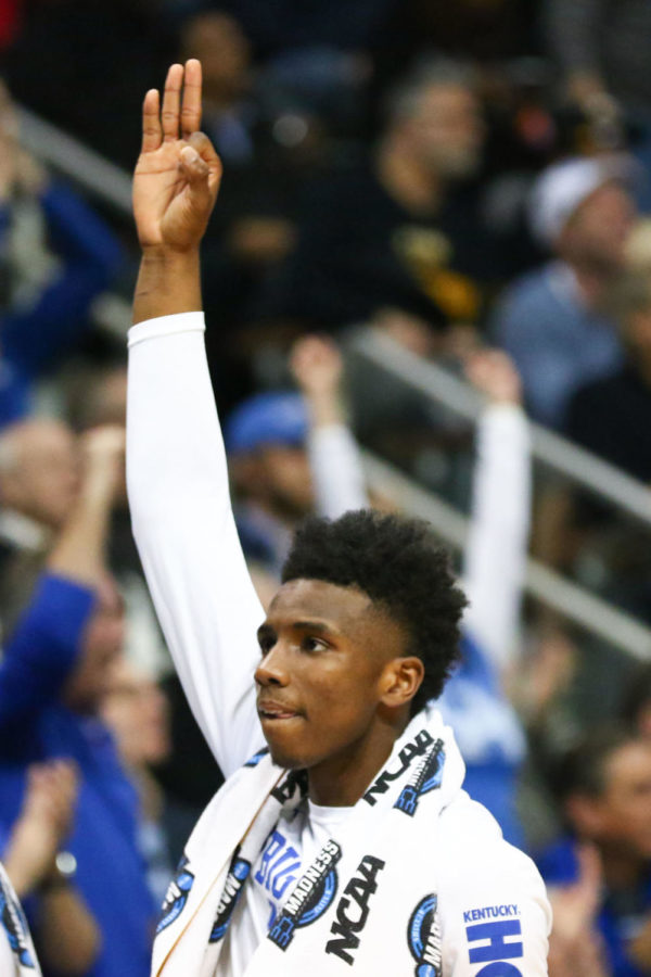 Kentucky freshman guard Hamidou Diallo celebrates after a three-pointer during the game against Kansas State in the NCAA Sweet 16 on Friday, March 23, 2018, in Atlanta, Georgia. Kentucky was defeated 61-58. Photo by Arden Barnes | Staff