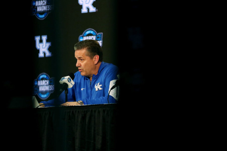Kentucky head coach John Calipari addresses the media during the press conference before Kentuckys open practice on Wednesday, March 21, 2018, in Atlanta, Georgia. Kentucky will play Kansas State in the Sweet 16 game in the NCAA tournament on Thursday, March 22, 2018. Photo by Arden Barnes | Staff