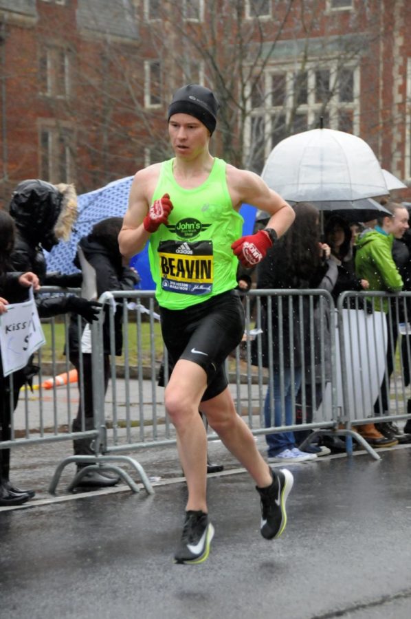 Zack Beavin races at the Boston Marathon near the halfway point of the race in Boston, Mass. on April 16, 2018. Beavin went on to finish in 24th place, the best finish ever by a runner from Kentucky. Photo submitted by Zack Beavin.