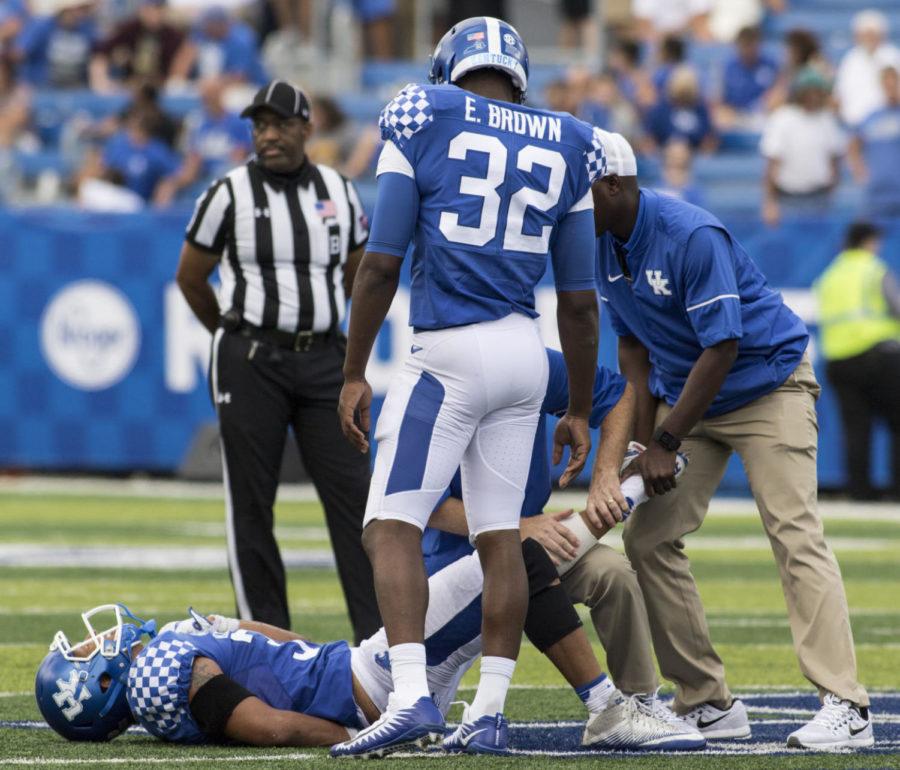 Jordan Jones #34 of the Kentucky Wildcats is injured during the game against EKU on Saturday, September 9, 2017, in Lexington, Ky. Kentucky defeated EKU 27 to 16. Photo by Arden Barnes | Staff