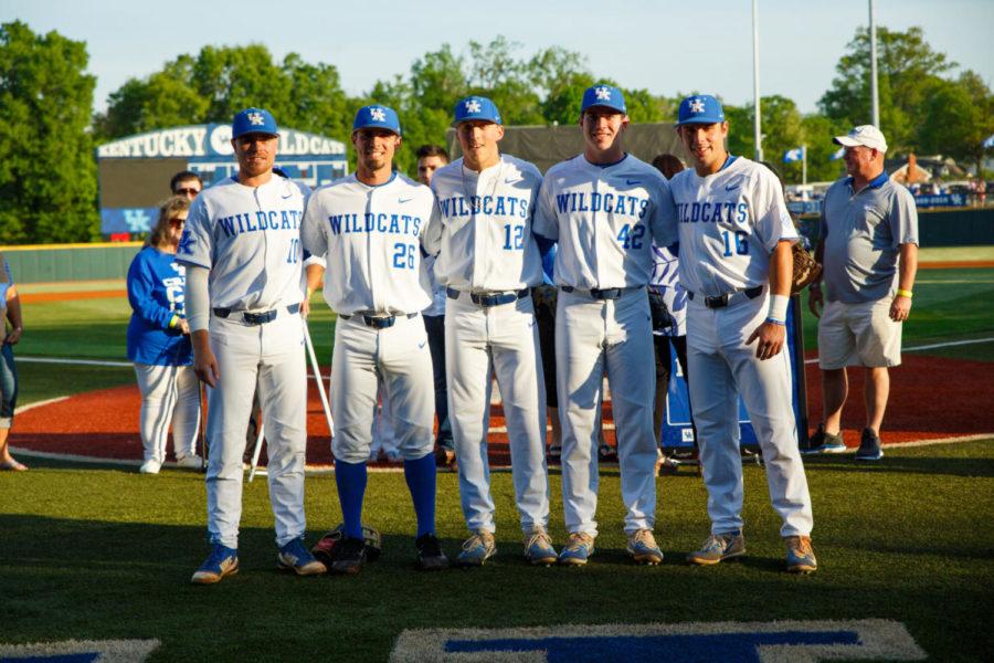 University+of+Kentucky+Baseball+seniors+are+recognized+prior+to+the+game+against+Mississippi+State+on+Friday%2C+May+11%2C+2018+in+Lexington%2C+Ky.+The+seniors+included+Charlie+Haunert%2C+Luke+Becker%2C+Luke+Heyer%2C+Alec+Maley%2C+Brad+Schaenzer%2C+and+Troy+Squires.+Photo+by+Jordan+Prather+%7C+Staff