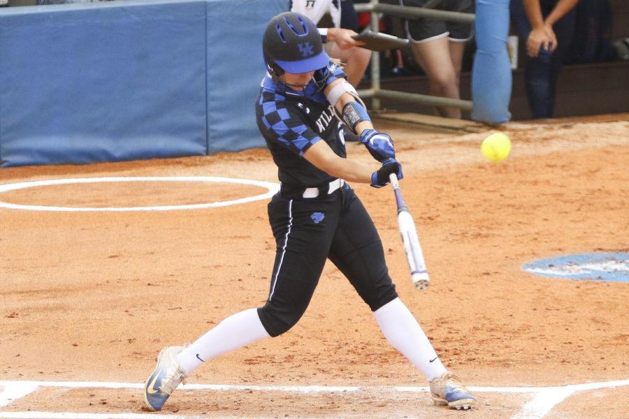 Kentucky Wildcats outfielder Brooklin Hinz hits an rbi triple in the first inning of the championship game of the Lexington Regional at John Cropp Stadium on Sunday, May 21, 2017 in Lexington, KY. Photo by Addison Coffey | Staff.