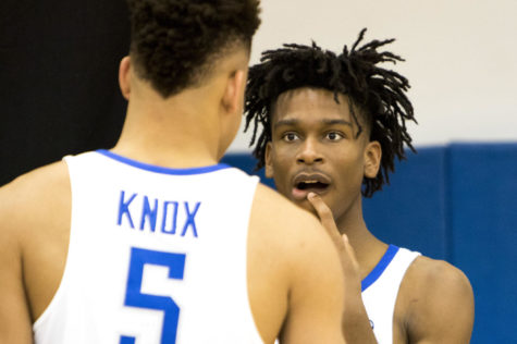 Shai Gilgeous-Alexander #22 talks to Kevin Knox #5 during the University of Kentucky Mens Basketball photo day on Monday, September 18, 2017 in Lexington, Kentucky. Photo by Arden Barnes | Staff