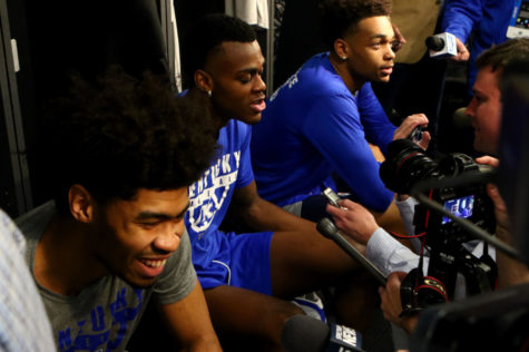 Kentucky freshmen Nick Richards, Jarred Vanderbilt, and PJ Washington talk to the media in the locker room before the open practice on Wednesday, March 21, 2018, in Atlanta, Georgia. Kentucky will play Kansas State in the Sweet 16 game in the NCAA tournament on Thursday, March 22, 2018. Photo by Arden Barnes | Staff