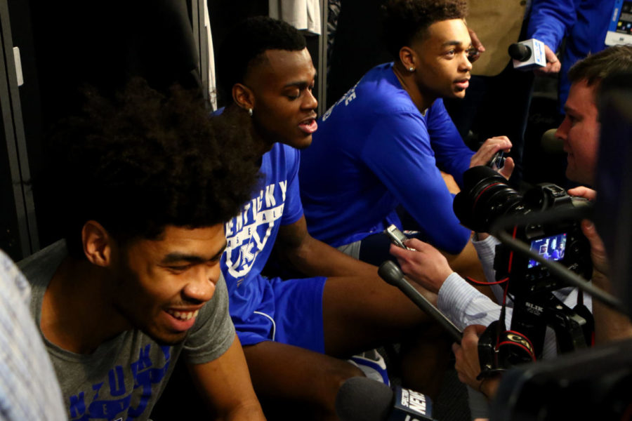 Kentucky+freshmen+Nick+Richards%2C+Jarred+Vanderbilt%2C+and+PJ+Washington+talk+to+the+media+in+the+locker+room+before+the+open+practice+on+Wednesday%2C+March+21%2C+2018%2C+in+Atlanta%2C+Georgia.+Kentucky+will+play+Kansas+State+in+the+Sweet+16+game+in+the+NCAA+tournament+on+Thursday%2C+March+22%2C+2018.+Photo+by+Arden+Barnes+%7C+Staff