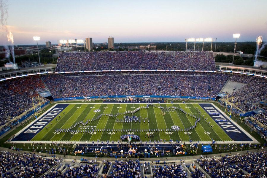 The University of Kentucky Marching Band performs My Old Kentucky Home prior to the game against Florida on Saturday, September 23, 2017 in Lexington, Kentucky. Kentucky was defeated 28 to 27. Photo by Arden Barnes | Staff