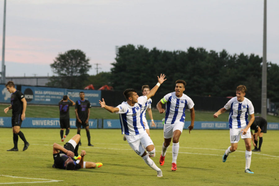Sophomore Kalil Elmedkhar (21) celebrating after scoring the first and only goal of the game. University of Kentucky mens soccer played for their 1st win of the season against DePaul University on Friday, August 24th, 2018. Photo by Michael Clubb | Staff