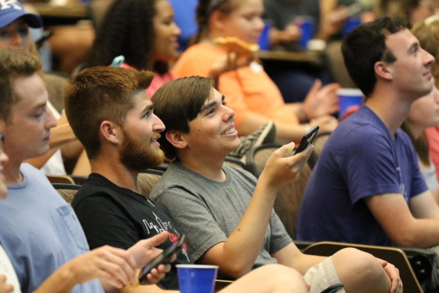 Students came down to White Hall for Vine Jeopardy hosted by UKs Student Activities Board. Prizes were up for grabs by guessing the name of a vine from a screen shot on Wednesday, August 29th, 2018 in Lexington, Kentucky. Photo by Michael Clubb | Staff