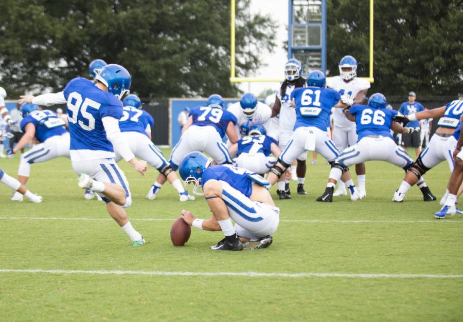 Miles+Butler+%2895%29+attempts+a+kick+during+one+of+Kentucky+footballs+practices+in+Lexington%2C+Ky.+Photo+provided+by+UK+Athletics