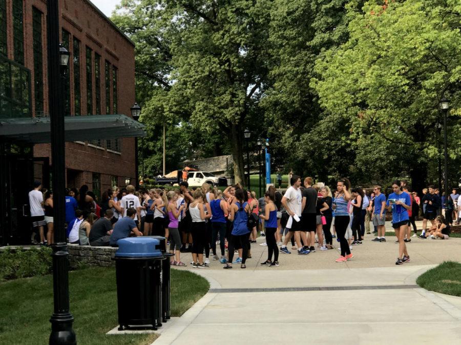 A fire alarm caused by sanding dust from an area under construction required students, faculty and staff to evacuate the Gatton Student Center on UKs campus in Lexington, Kentucky on Monday, Aug. 20, 2018.