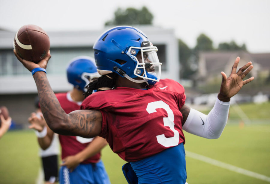 Terry Wilson throws a pass at one of UKs training camp practices at the UK Football Training Center in Lexington, Ky. Photo provided by UK Athletics