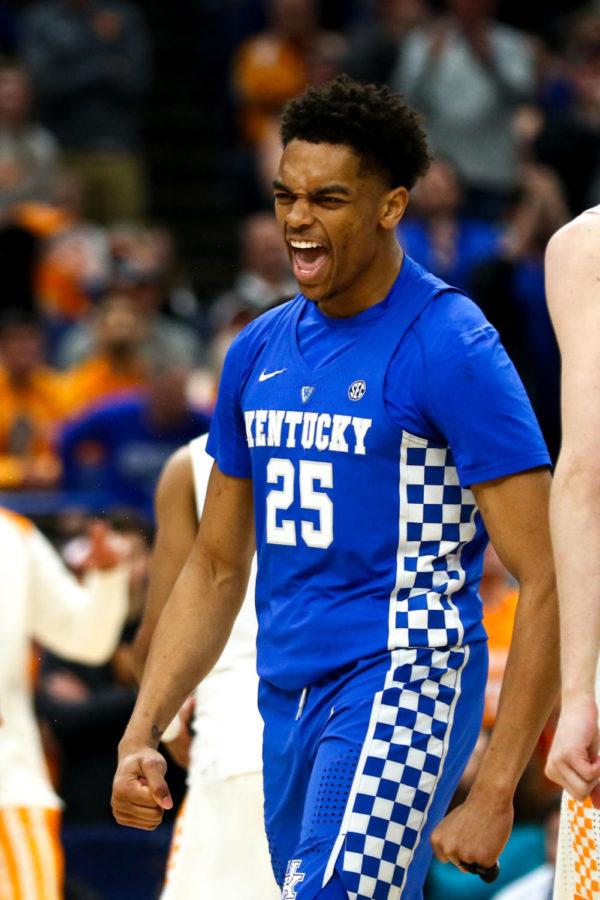 Kentucky freshman forward PJ Washington celebrates after a basket during the game against Tennessee in the SEC tournament championship on Sunday, March 11, 2018, in St. Louis, Missouri. Kentucky defeated Tennessee 77-72. Photo by Arden Barnes | Staff