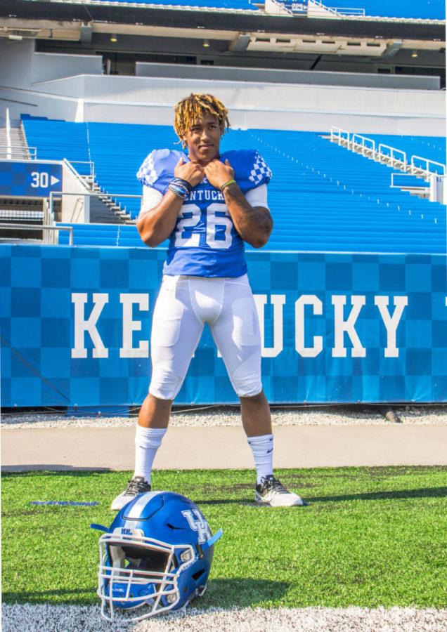 Junior Running Back Benny Snell Jr. of the University of Kentucky football team poses for a portrait during Media Day at Kroger Field on Friday August 3, 2018 in Lexington, Kentucky. Photo by Olivia Beach | Staff