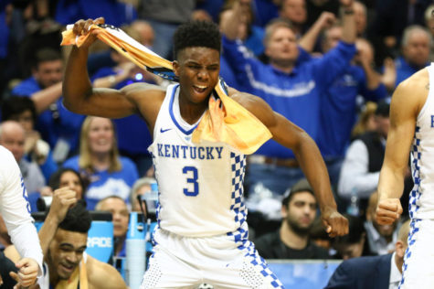 Kentucky freshman guard Hamidou Diallo reacts after a three-pointer during the game against Kansas State in the NCAA Sweet 16 on Friday, March 23, 2018, in Atlanta, Georgia. Kentucky was defeated 61-58. Photo by Arden Barnes | Staff