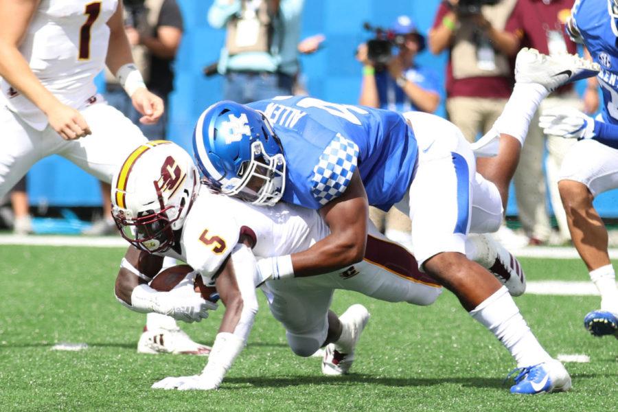 Josh Allen makes a tackle during the game against Central Michigan on Saturday, September 1, 2018 in Lexington, Ky. Photo by Chase Phillips | Staff
