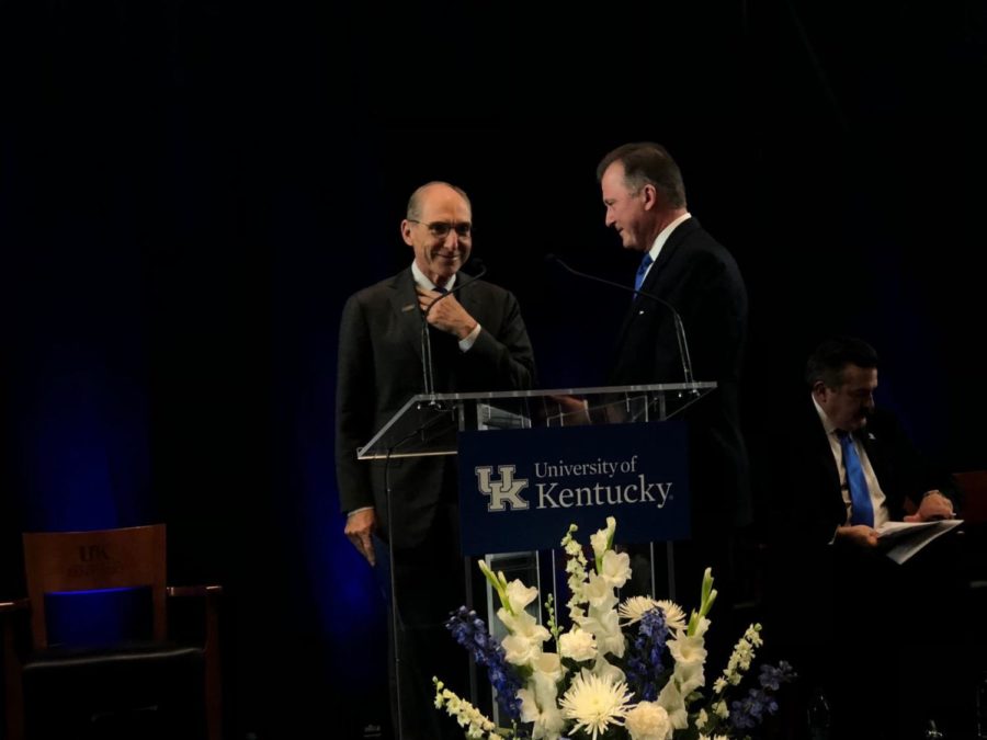 President Eli Capilouto talks with UK Board of Trustees Chairman Britt Brockman during the unveiling of UK's $265 million research building on Sept. 21, 2018. Photo by Jacob Eads  