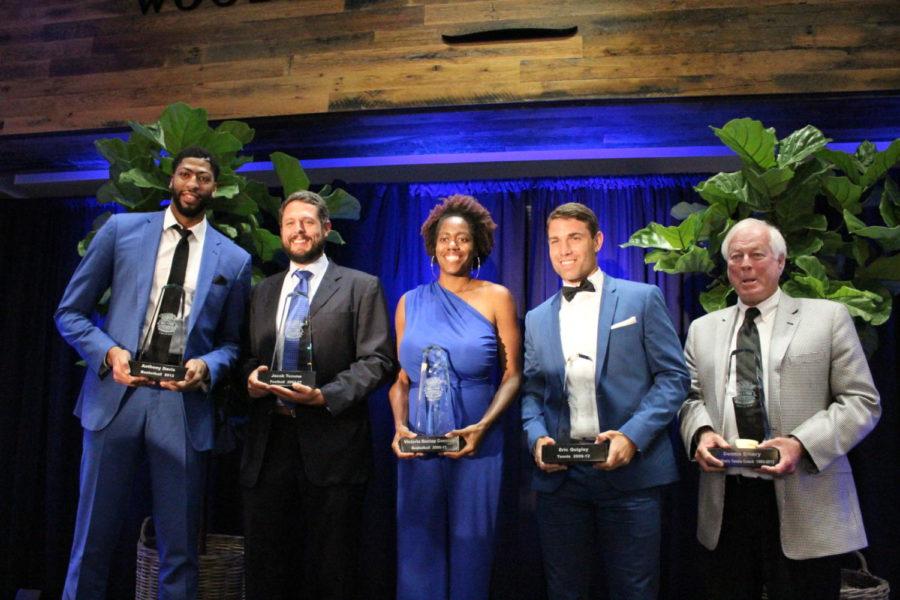 Anthony Davis, Jacob Tamme, Victoria Dunlap Connley, Eric Quigley, and Dennis Emery were inducted into the University of Kentuckys Hall Of Fame on Sept. 21, 2018. The event took place in Kroger Fields Woodford Reserve Room.