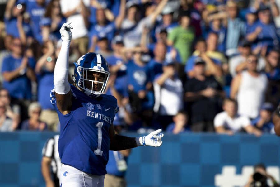 Kentucky Wildcats wide receiver Lynn Bowden Jr. (1) celebrates a tackle during the game against Central Michigan on Saturday Sept. 1, 2018, at Kroger Field in Lexington, Kentucky. Kentucky won 35-20. Photo by Arden Barnes | Staff