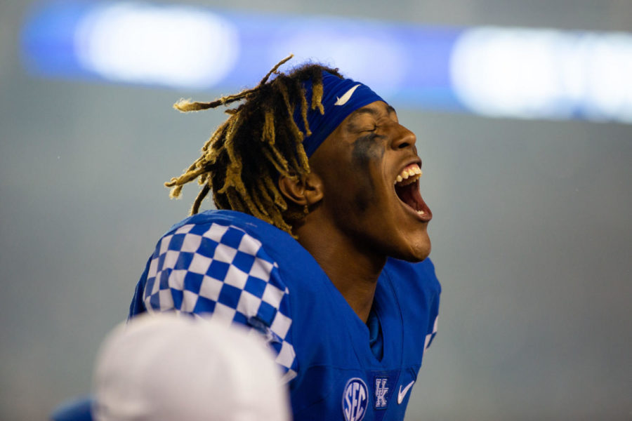 Kentucky Wildcats running back Benny Snell Jr. (26) yells at the crowd during the game against Mississippi State on Saturday, Sept. 22, 2018, in Lexington, Kentucky. Kentucky won 28 to 7. Photo by Jordan Prather | Staff