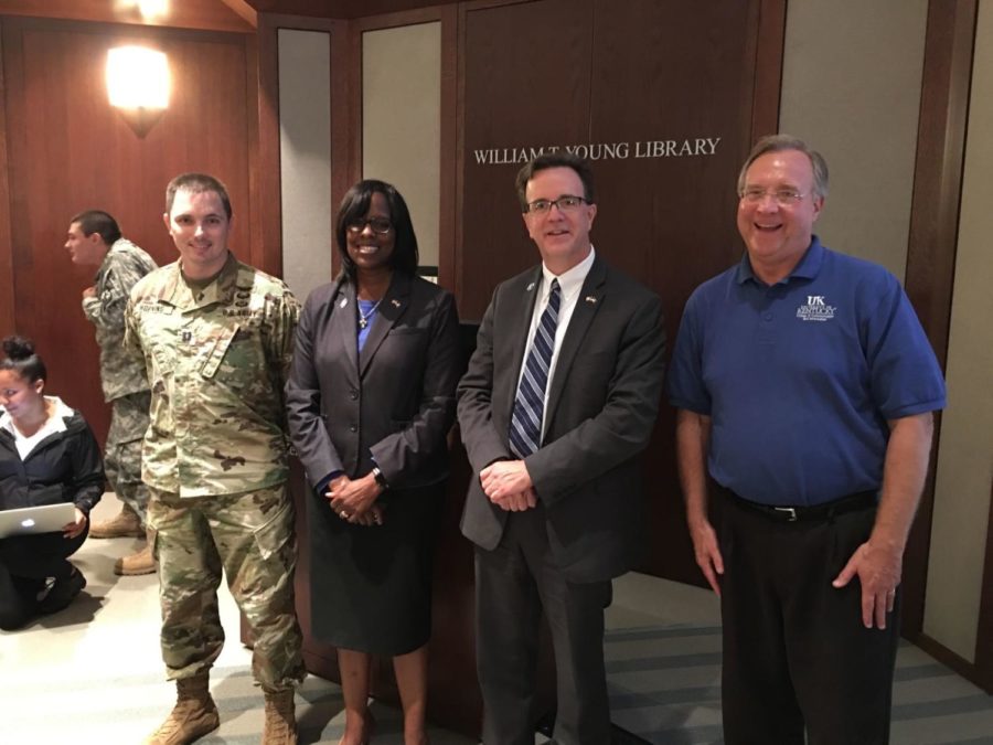 Captain Christopher Hopkins, UK Army ROTC (Left), Lieutenant Governor Jenean Hampton, State Auditor Mike Harmon and JOU 101 professor Buck Ryan celebrate during UKs Constitution Day in the William T. Young Library on Sept. 17, 2018.